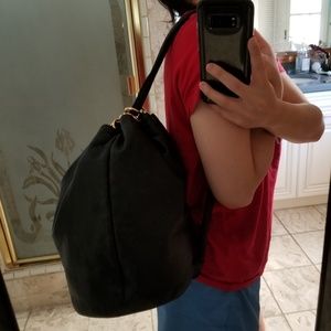 BLACK LEATHER CONVERTIBLE SLING BUCKET BACKPACK